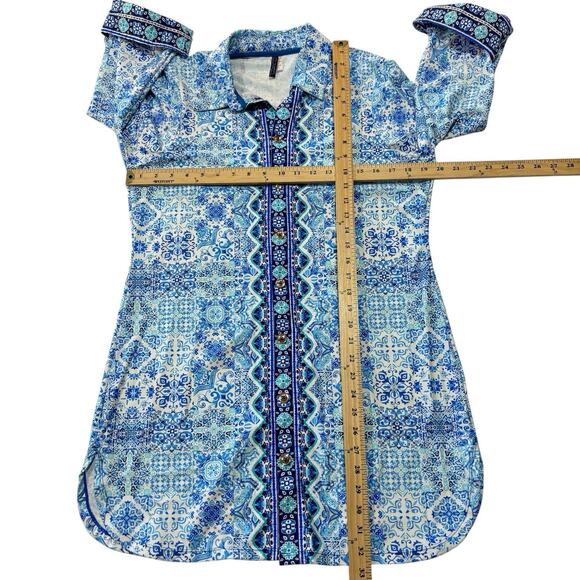 Aqua et Sol Dress Cover-Up Button-Front Women’s M Roll-Tab Blue Patchwork Print - Picture 8 of 13